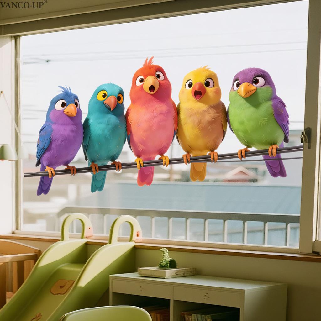 Static Cling Window Stickers Cartoon Birds on Branch Two Way Visible for Home Glass Cabinet Decor