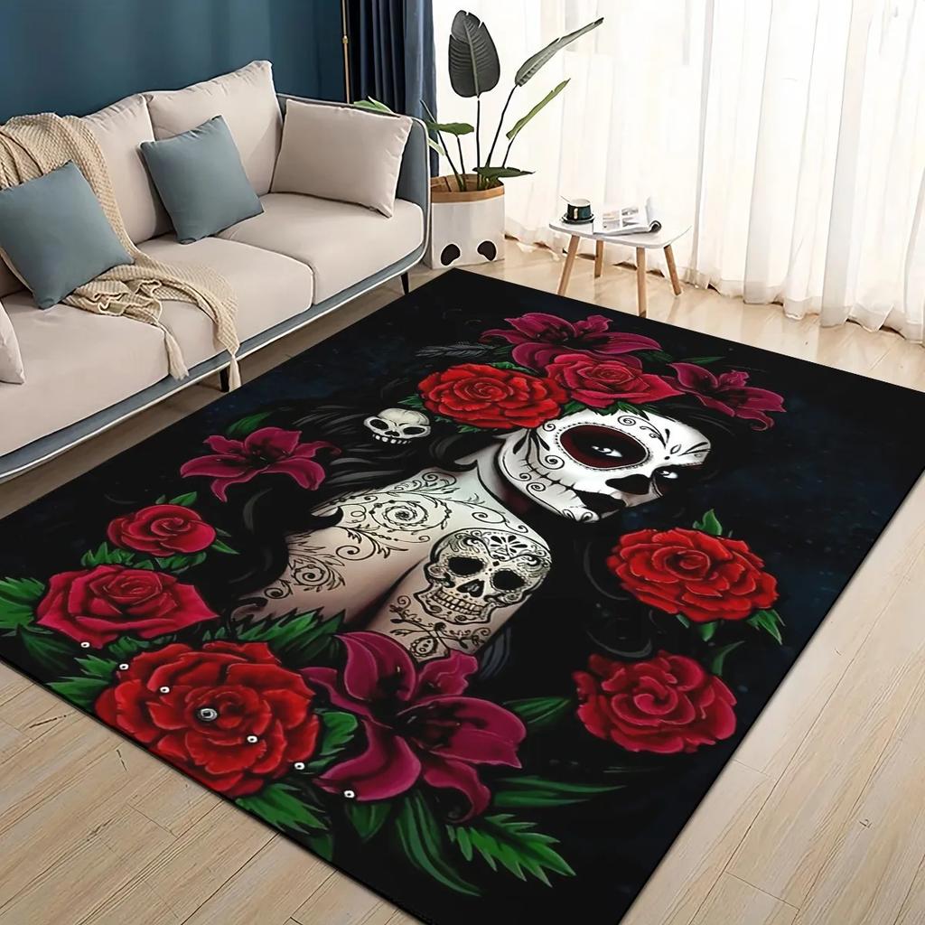 Covor Rug 3D Craniu Gotic Față Trandafir Femeie Desen Animat Groaznic pentru Sufragerie Dormitor Casă Decor Canapea, Covoraș de Podea Antiderapant pentru Copii