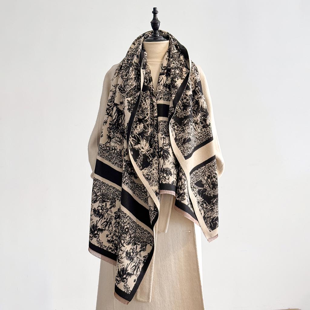 Elegant Ladies' Pashmina Autumn & Winter Thick Warmth Double Sided Tassel Printing Shawl Coldproof Windproof Blanket Scarf