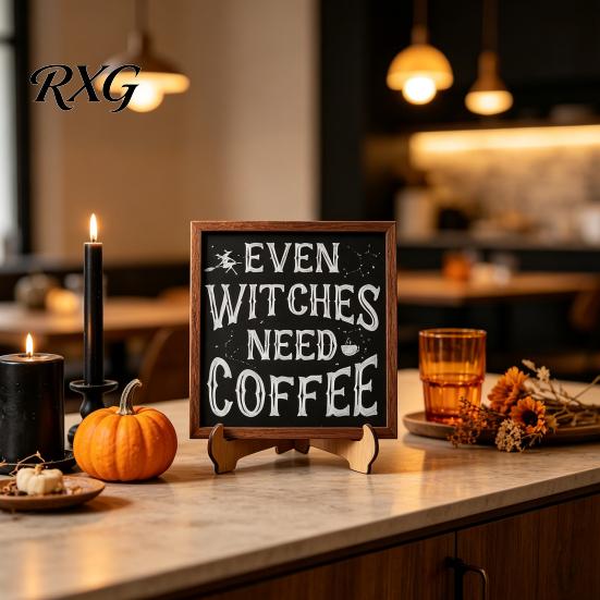 Holiday Atmosphere Home Decor Halloween Wooden Coffee Photo Frame, Retro Distressed Sign for Witch Themed Kitchen Countertop Decor, Rustic Autumn