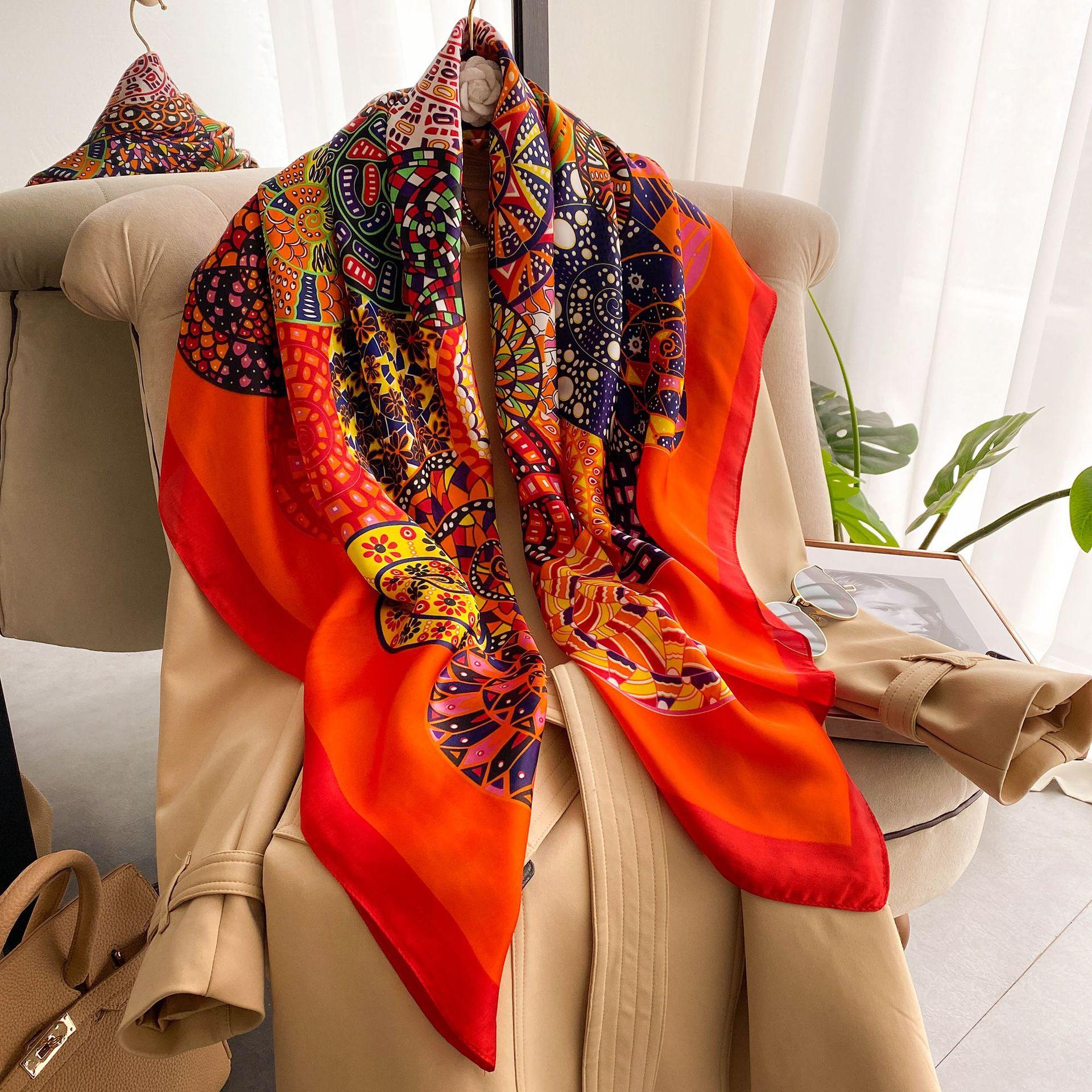 

Высококачественные роскошные шелковые шарфы, повязка на голову, шарфы, шейный шарф для женщин, шелковый шарф с цепочкой, женская декоративная шаль 110-110cm