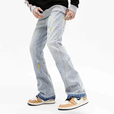 Men's Street Style Ink-Splashed Flared Jeans for Spring & Autumn - Trendy, Casual, Loose, Slim Fit