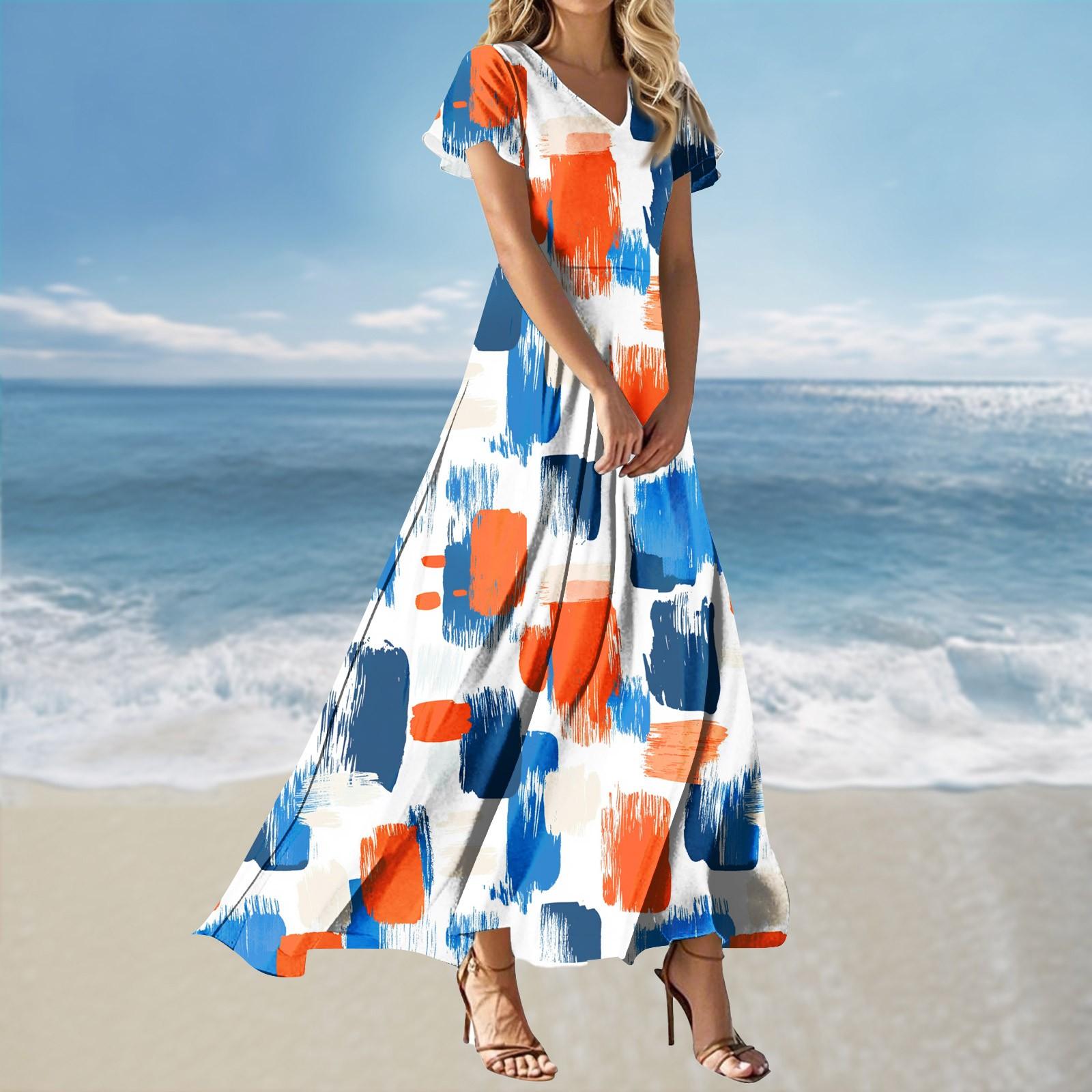 

Женское свободное повседневное платье с V-образным вырезом, короткими рукавами, завышенной талией и принтом XL синий