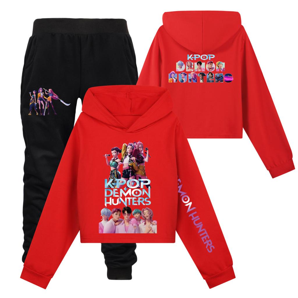 Girls Clothing Sets Kpop Witch Hunt Girls' Half Waist Short Hoodie Single and Double Sleeve Printed Casual Set