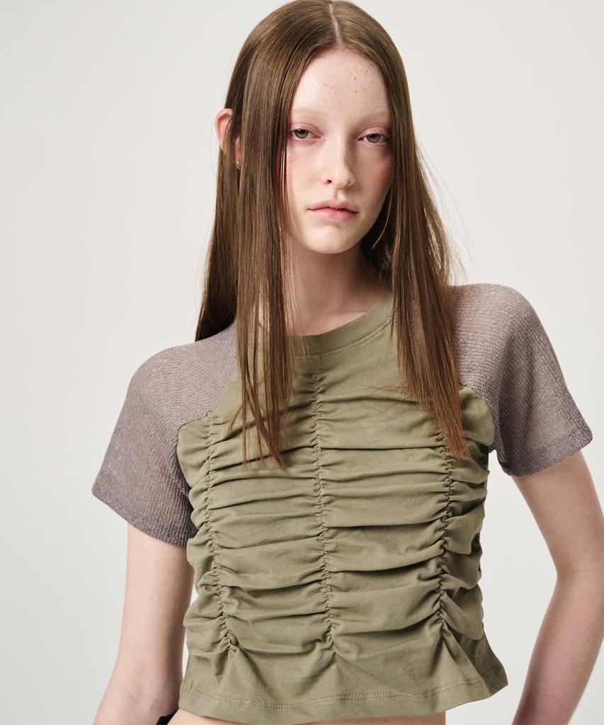 ETMON Knit Sleeve Shirring T-Shirt, Khaki