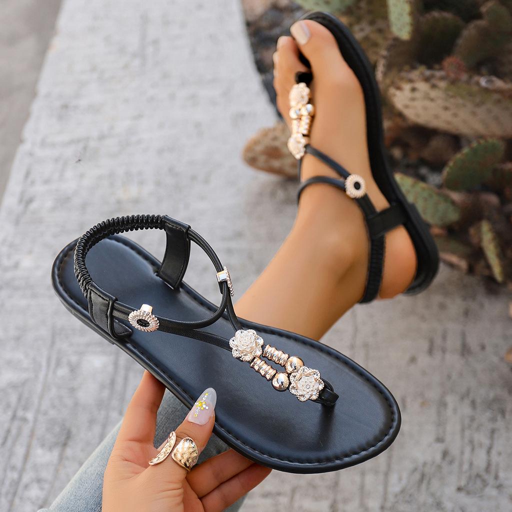 Sandali Piatte da Donna con Perline Casual Clip-Toe Suola Morbida Scarpe da Spiaggia Donna Leggere Scarpe con Elastico Estivo Sandali Leggeri