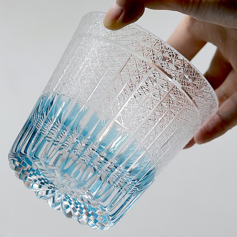 Sky Blue Edo Kiriko Japanese Style Whiskey Glass Tumbler 11 Oz Old Fashioned Glasses Sky Blue Hand Carved In Gift Box