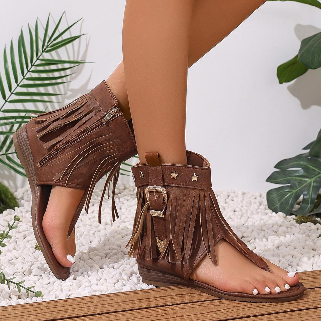 2025 New Women's Retro Sandals Gladiator Ladies Clip Toe Vintage Boots Casual Tassel Rome Summer Woman Shoes Female