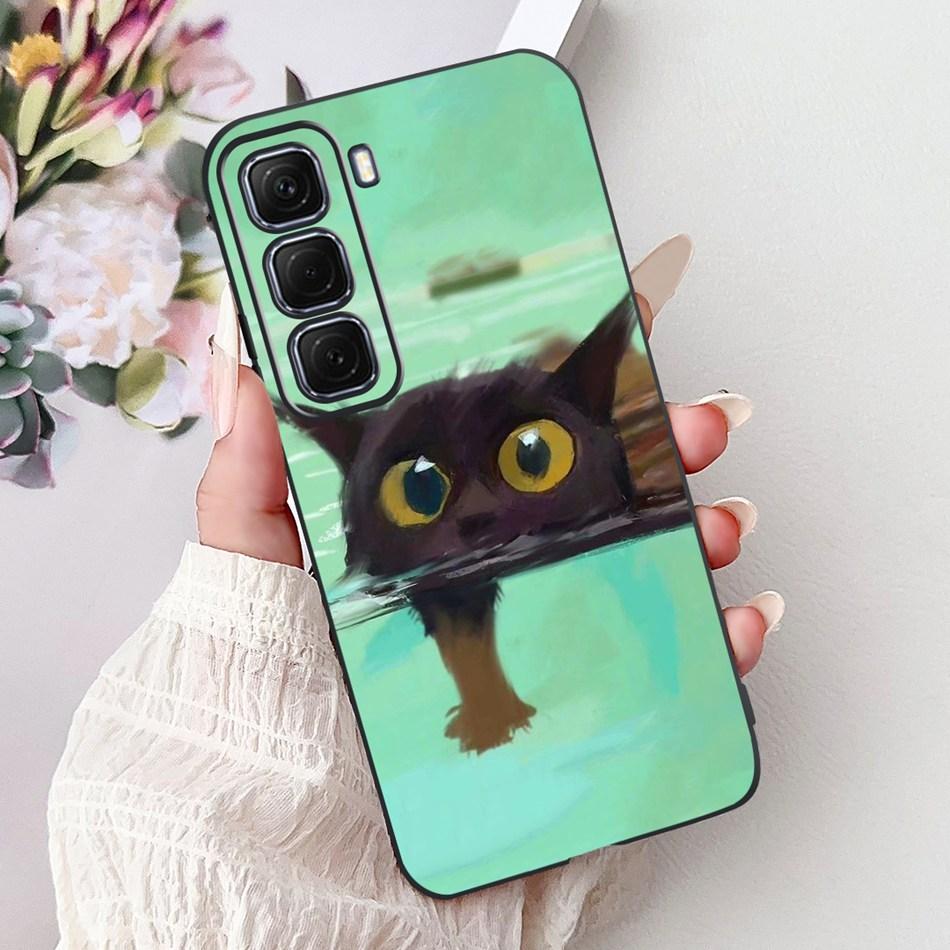 For Infinix Hot 50 4G Phone Case Hot 50 Pro+ 4G Hot50 Pro Elegant Floral Cat Pattern Black Silicone Soft TPU Cases