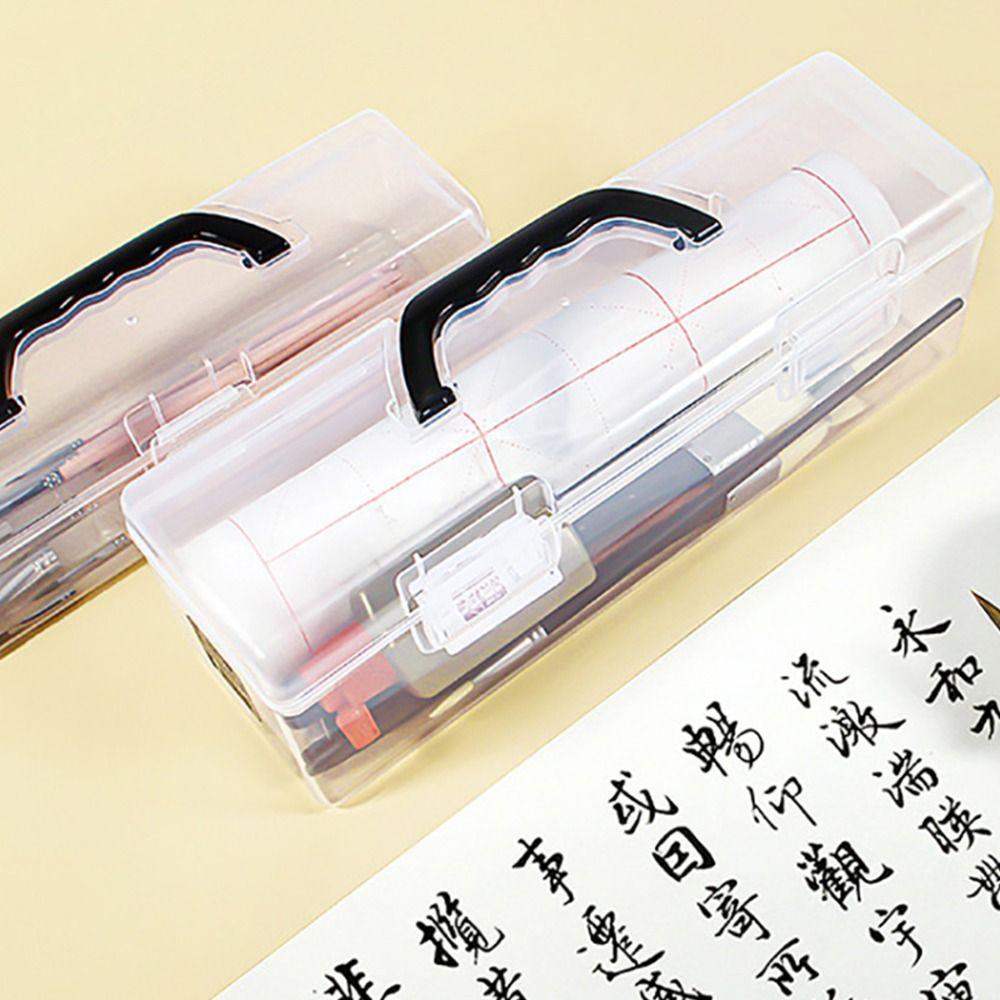 Plastic Clear Storage Box Clear with Handle Painting Brush Case Desktop Organizer Marker Pen Storage Holder Stationery Storage