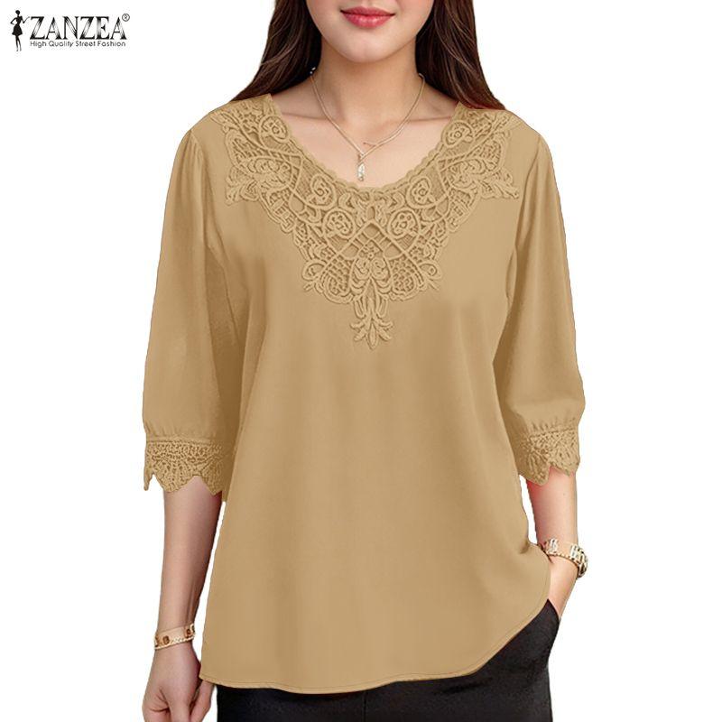 ZANZEA Blusa Casual de Encaje Crochet con Escote en V y Manga Media para Mujer