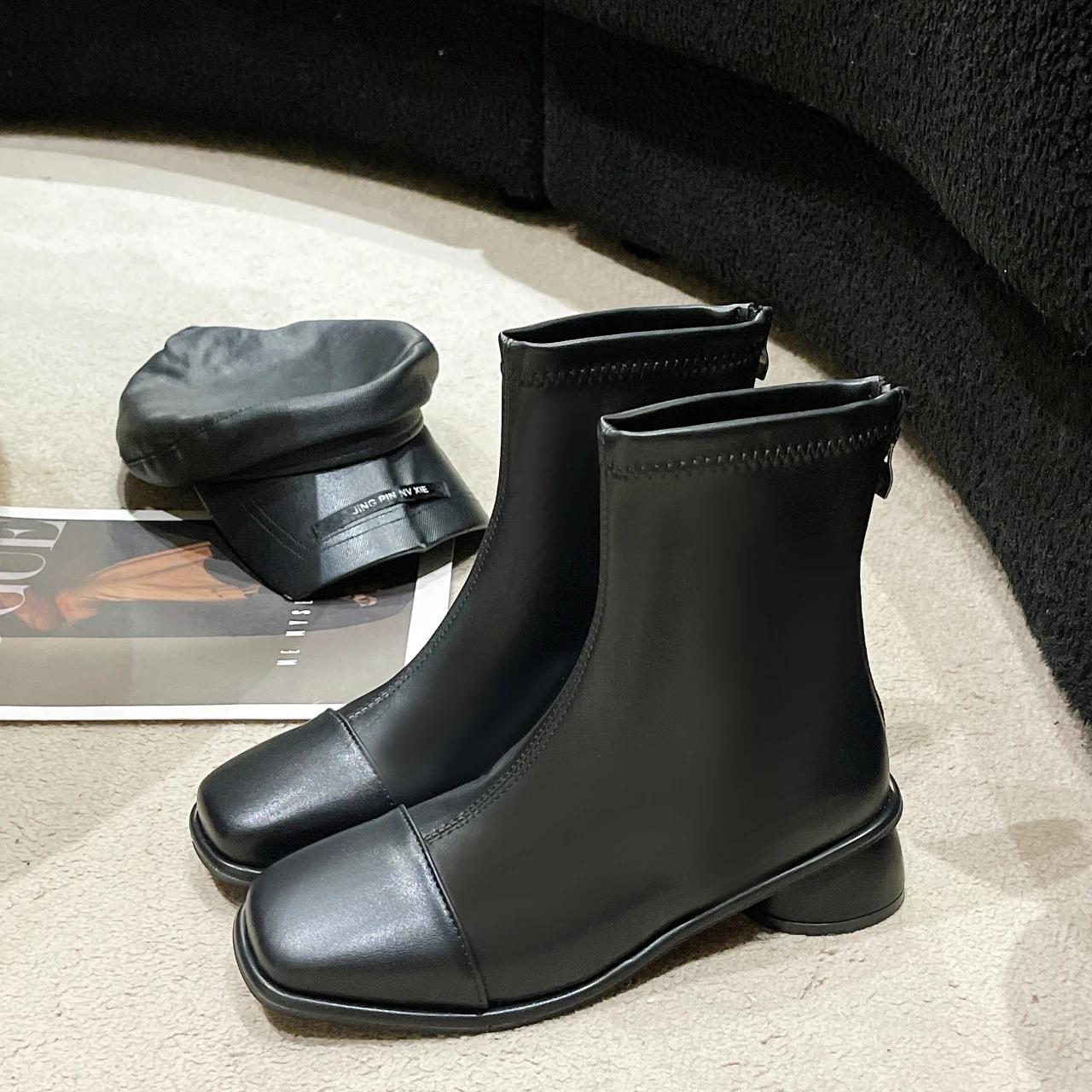 

Женские ботинки челси с квадратным носком и толстым каблуком, осень-зима, новые ботинки до середины голени с молнией сзади для женщин, женская обувь на каблуке 41 чёрный