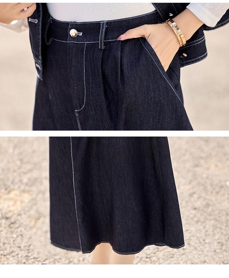 Women's Summer 2025 Dark Blue Denim Three-Piece Set: Short-Sleeved Shirt, Midi Skirt, and Suit Skirt in Korean Style