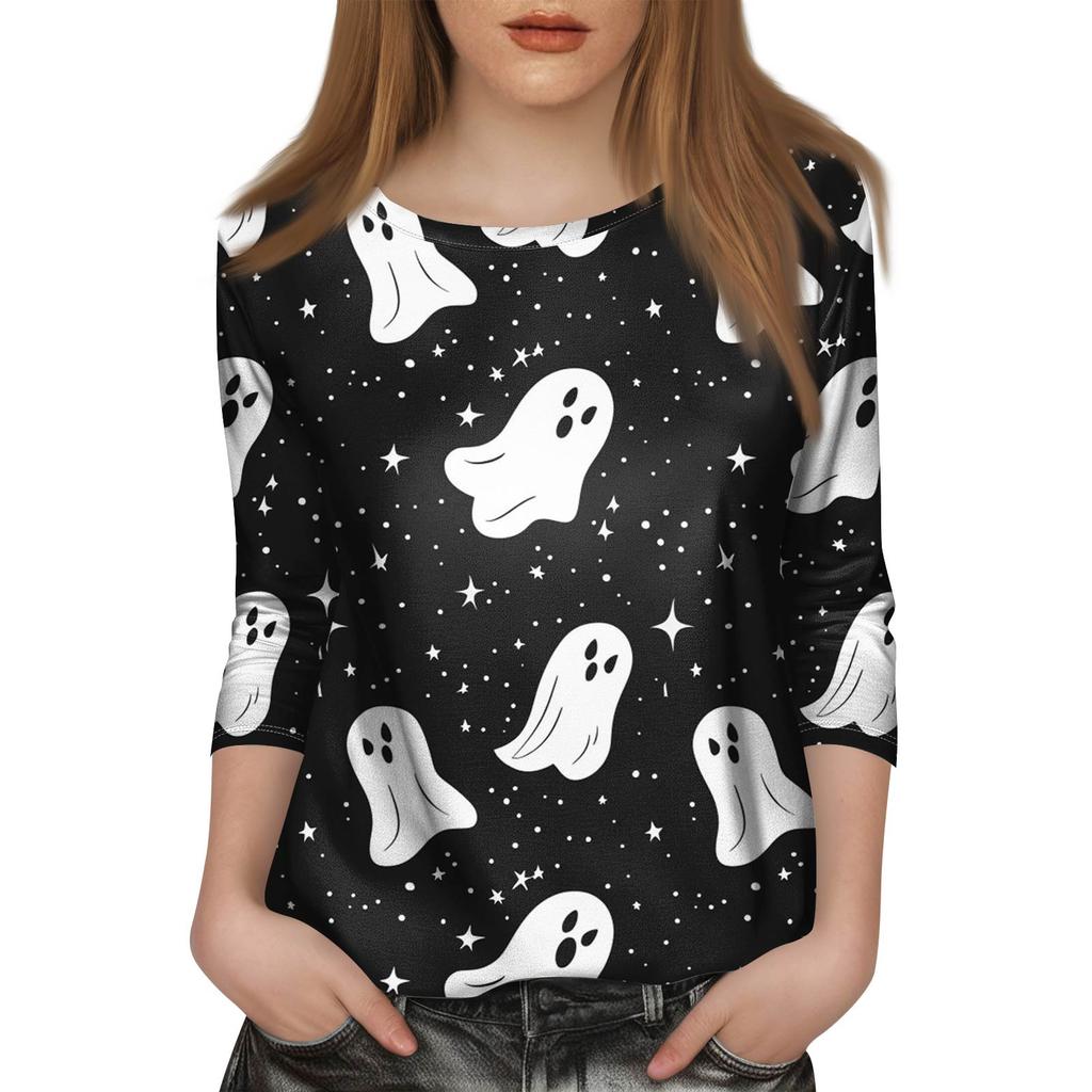 Dámské módní ležérní tričko s tříčtvrtečním rukávem a halloweenským potiskem, s kulatým výstřihem