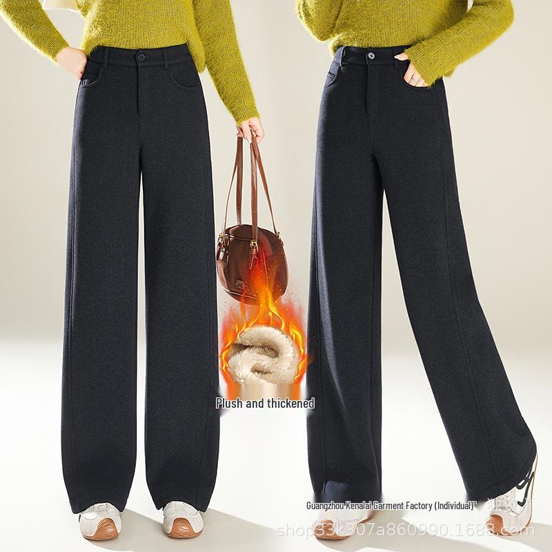 Women's Autumn Winter Plush-Lined Elastic Waist Straight Leg Pants