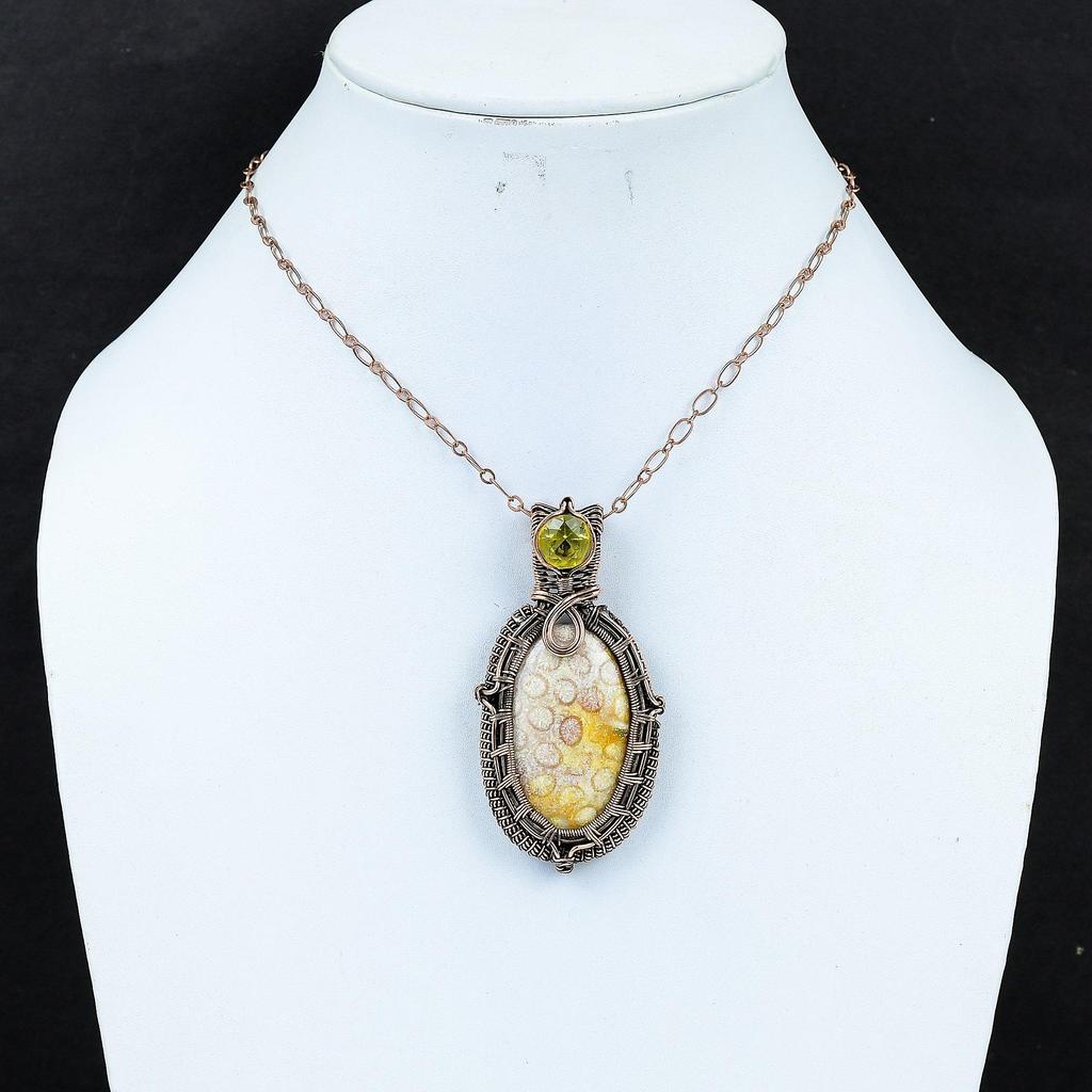 Amazing Fossil Coral & Citrine Gemstone Handmade Pure Copper Wire Wrap Jewelry Pendant
