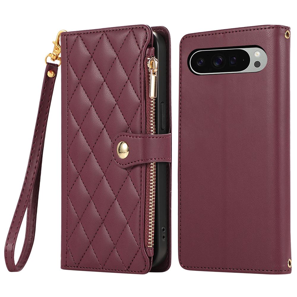 For Google Pixel 9 Pro XL Case Multi Card Slots Zipper Rhombus Leather Phone Cover with Wrist Strap