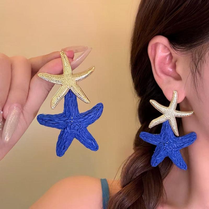 Blue Straw Woven Earrings for Women, Beach Vacation Bohemian Statement Ear Jewelry