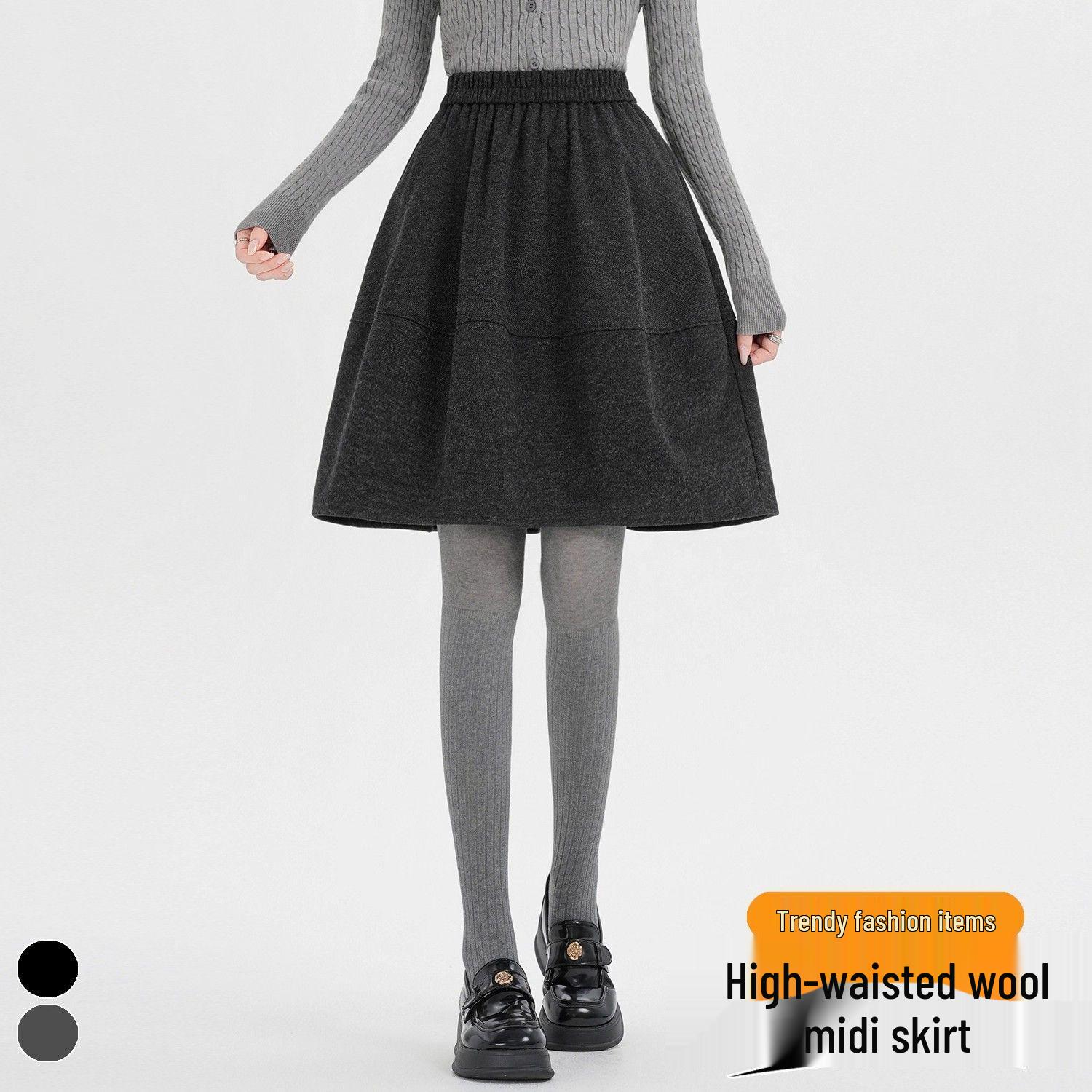 

Korean Woolen Fluffy High-Waist Midi Skirt - Autumn/Winter Retro A-Line Bud Shape L (45-52 kg) серый