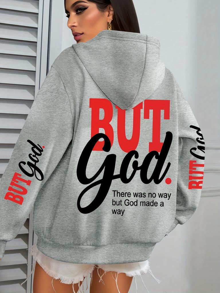 Herren Hoodie mit Glaubens-Buchstabenaufdruck BUT GOD Slogan auf dem Rücken & Doppelte Ärmel Grafik Street Hip Hop Sport Lockerer Freizeit Pullover Sweatshirt
