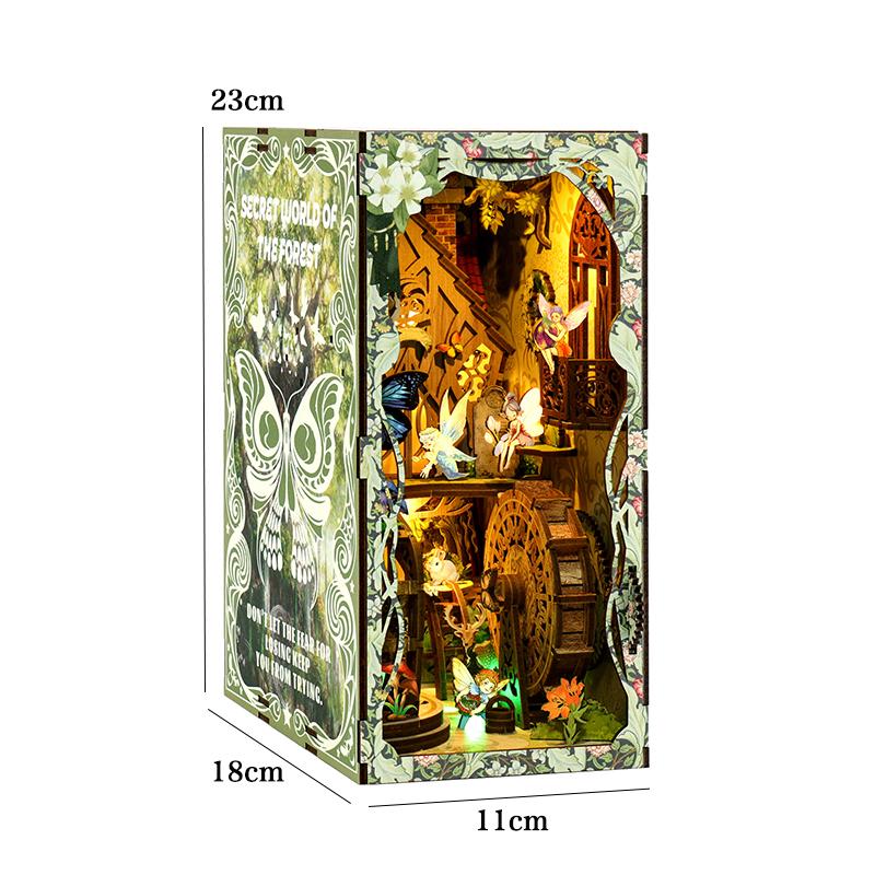 Drewniany Mini Domek dla Lalek DIY Zestaw Book Nook Model do Złożenia Puzzle 3D Podpórka do Książek Zabawki Dekoracja Wkładka na Półkę na Książki ze Światłem LED Prezenty Świąteczne