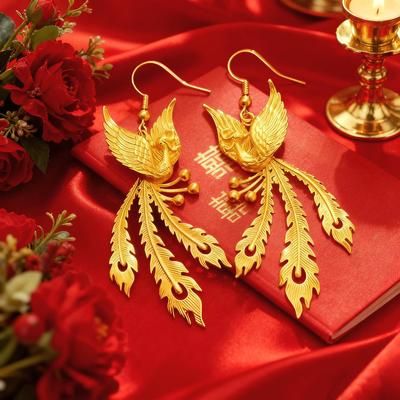 Phoenix Dance Gold-Plated Earrings for Women - Chinese Style Bridal Wedding Earrings