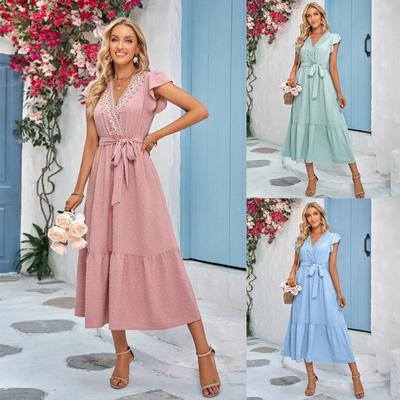 Women Vintage Elegant Fashion Fly Sleeve V-neck High Waist Slim A-line Ruffle Edge Chiffon Dress Summer Party Vacation Dresses