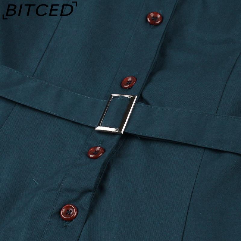BITCED Women's Single-Breasted Wide-Skirted Retro-Style Waist-Cinched Solid-Colour Dress