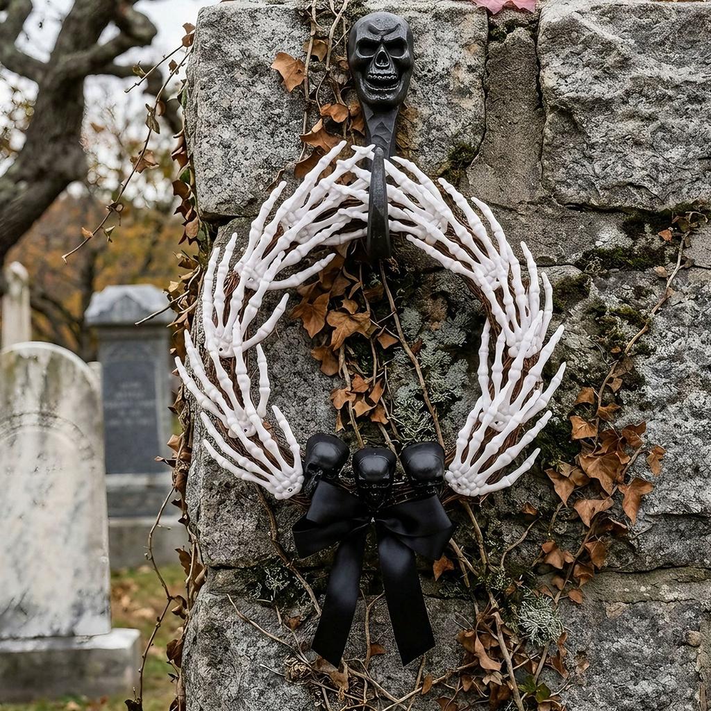 Halloween Skeleton Hand Door Wreath with Black Bow Ghost Hand Yard Decoration Scene Setup 35cm Indoor Outdoor Hanging Ornament