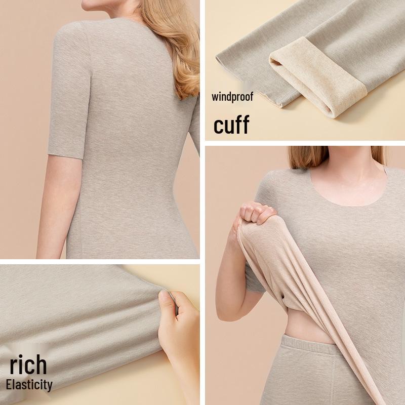 Women's Wool Silk Mid-Sleeve Fleece-Lined Top - Warm Autumn Base Layer
