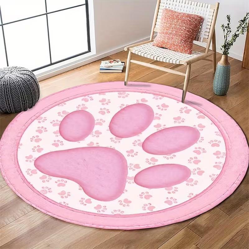 Cat Paw Print Round Rug, Non-Slip Pet Themed Carpet, Cute Minimalist Floor Mat for Bedroom Living Room Decor 80cm x 80cm