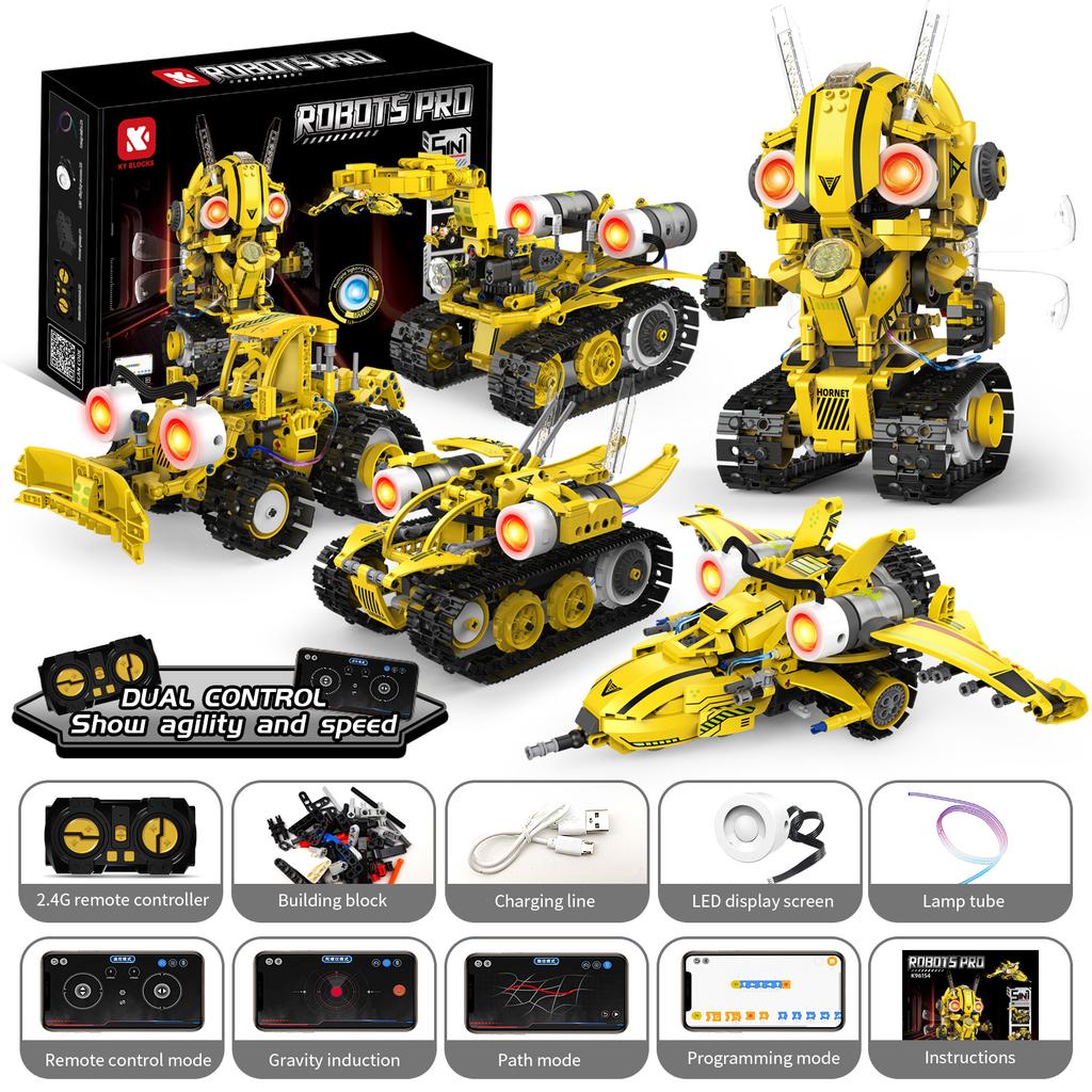 Moc 5 In 1 Electric Rc Intelligent Screen Led Robot Fighter Off-Road Vehicle Bulldozer Model Diy Building Block Children'S Toy
