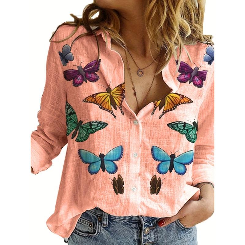 Fashion Retro Butterfly Group Print Long Sleeve Blouse Spring Spring Lapel Button Casual Blouse Ladies 5Xl Home Shirt