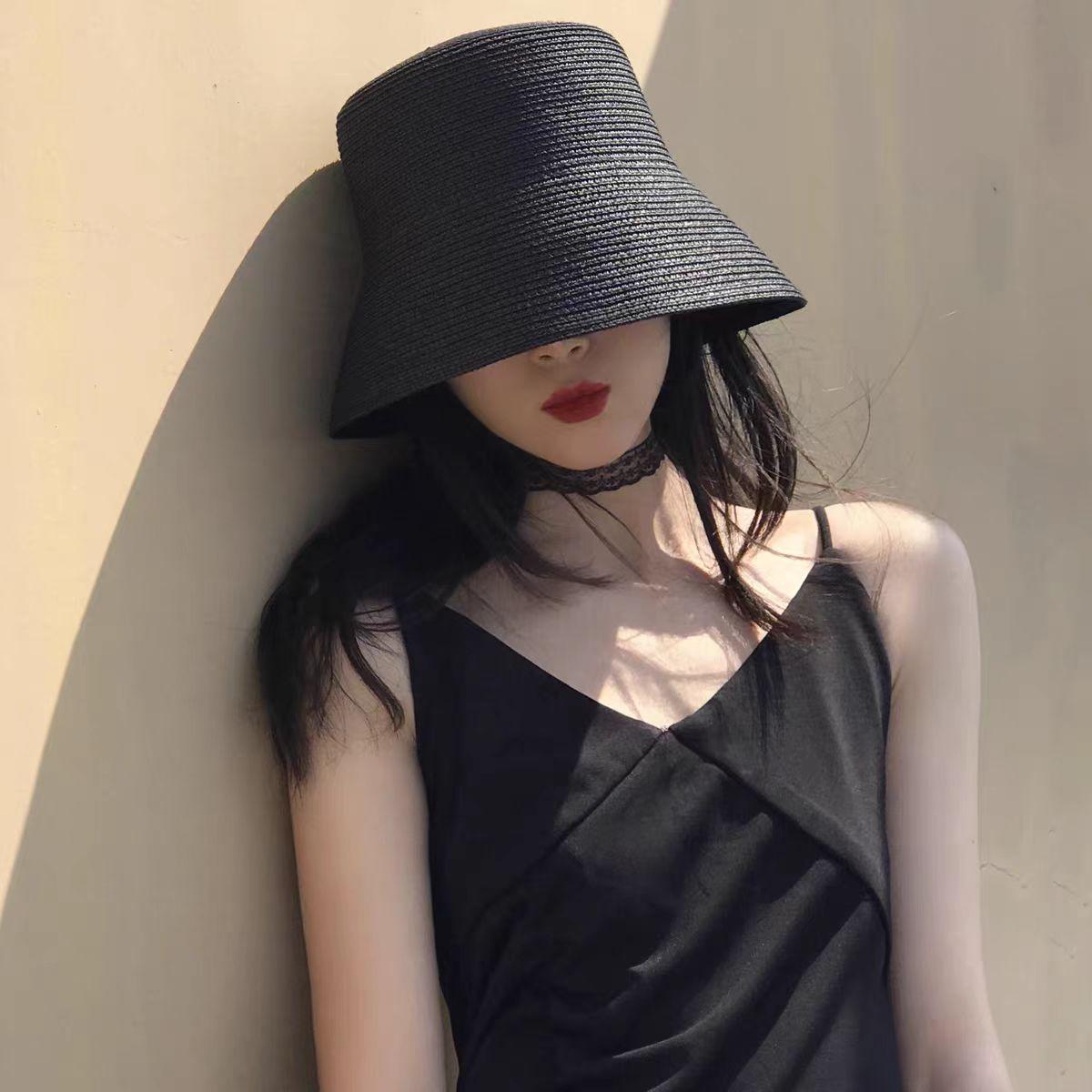 Freedom Outdoors Women's Solid Flat Bucket Hat Foldable Basin Hat Vintage Bucket Straw Hat Summer Beach Small-Brimmed Sunhat Sun Protection Cm