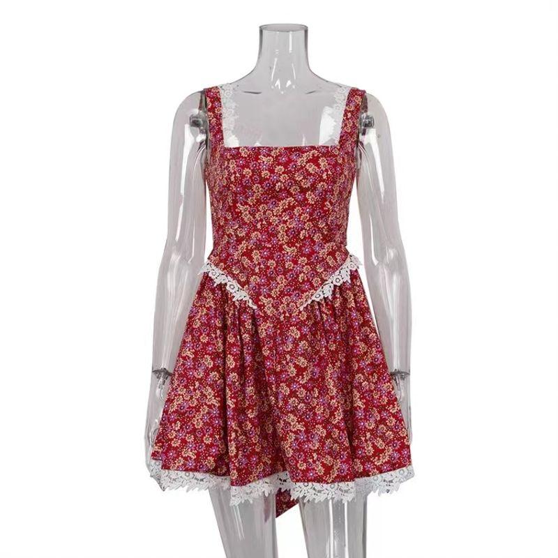 

Fashion Wind New Patchwork Floral Slip Dress Sexy Backless Dress Printed Backless Dress Red S