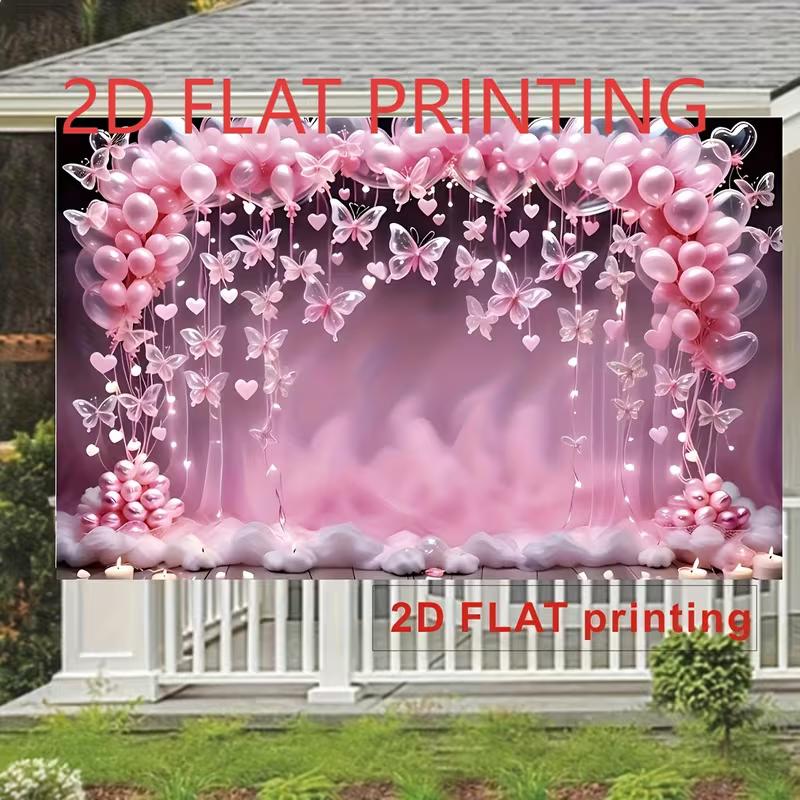 2D Pink Butterfly Balloon Backdrop, Fairy Girl Birthday Party Photography Background