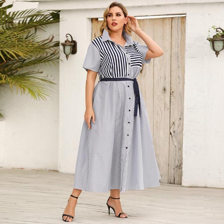 Plus Size Women Summer Striped Short Sleeve Tie Shirt Dress XL 2XL 3XL 4XL
