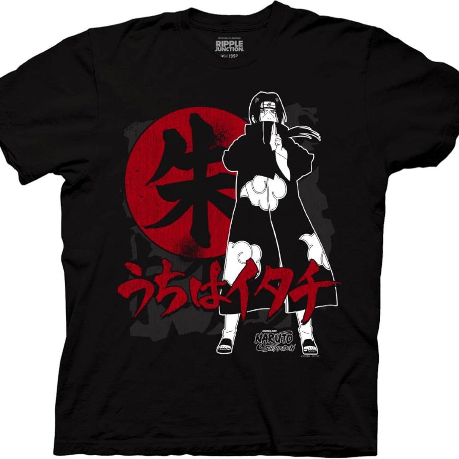 Ripple Junction Мужская футболка с коротким рукавом Naruto Shippuden Итачи Учиха Кольцо Акацуки Иероглиф Аниме Официально лицензированная S чёрный