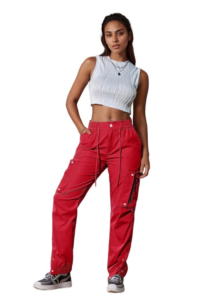 

Брюки-карго Rose Beauty A Y2K с эластичной талией, карманом-клапаном на шнурке, застежкой-молнией, металлическими пуговицами и разрезом по низу M красный