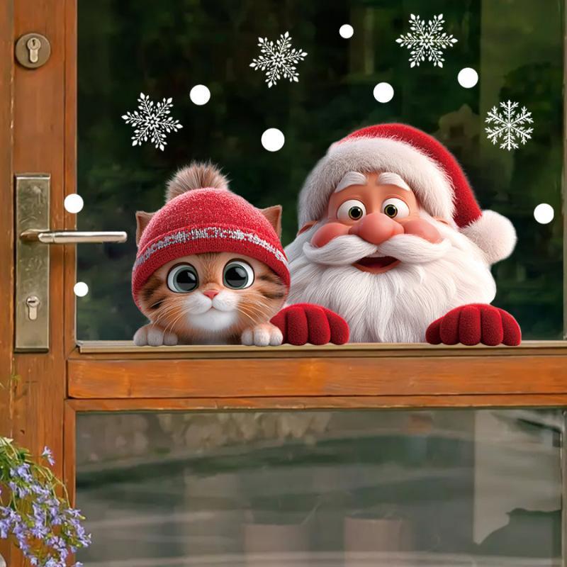 Christmas Window Clings With Cute Santa Cat Snowflake Pattern Removable Self Adhesive For Home Shop Xmas Decoration
