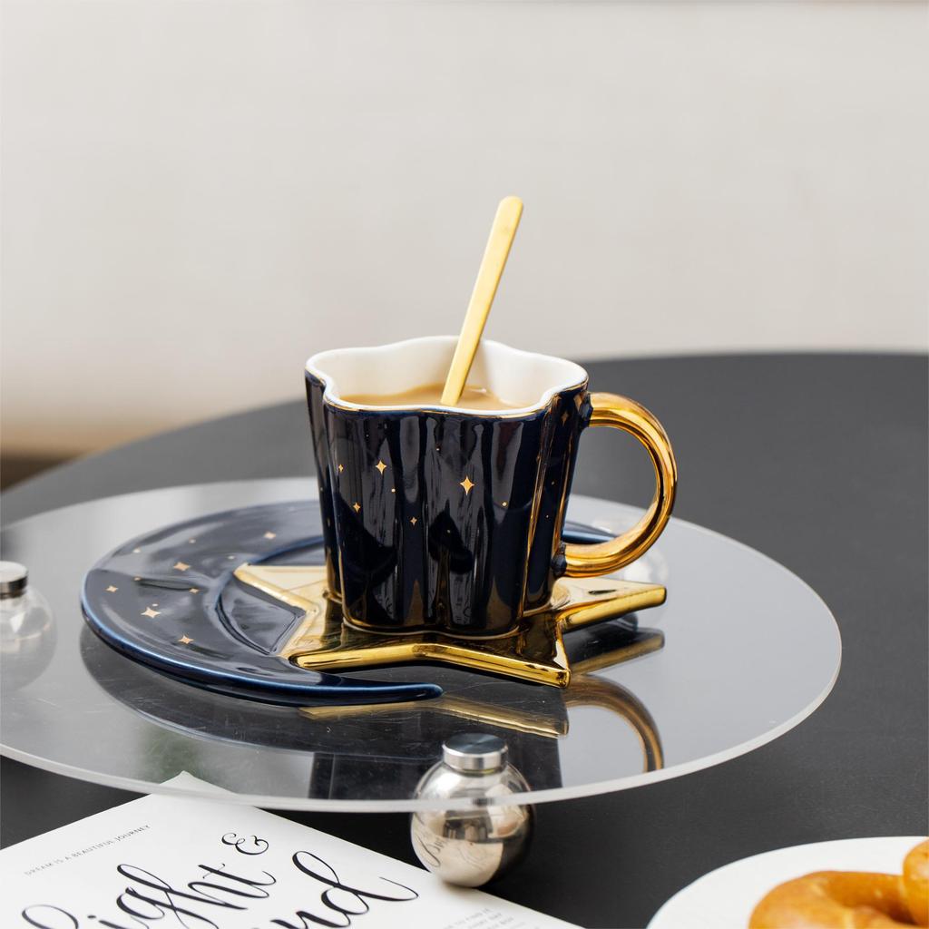Nordic Ceramic Coffee Cup Saucer Creative High end Gold-patterned Hand Patterned Mug Fashionable Star Moon Style Coffee Cup Saucer