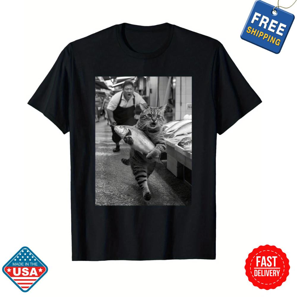 Funny Cat Steals Fish Market Black amp; White Meme T-Shirt | Unisex Cotton Inspired Unisex T-Shirt XL