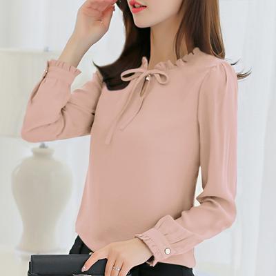 Autumn Korean Women's Pink White Blue Chiffon Blouses Fashion Slim Fit Solid Color Bottom Shirt Lace Up Tie Collar Long Sleeve Blouse