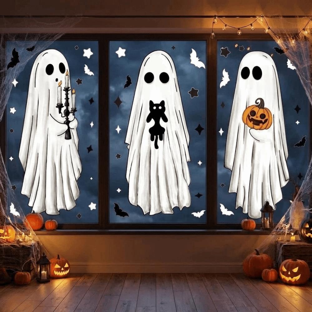 6PCS Large Size Halloween Window Decals Cartoon Ghost Static Window Clings Party Supplies