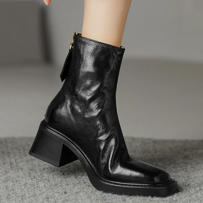 Automne Vintage Talon Épais Femmes Bottines Mode Fermetures Éclair Arrière Chaussures Dames Élégantes Bout Carré Mordern Bottines Courtes