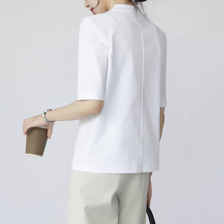 Pre-Sale Women's Cotton T-Shirt: Half-High Collar, Five-Point Sleeves, Stand-Up Collar, Seam Detail, Loose Fit Base Layer for Layering and Commuting