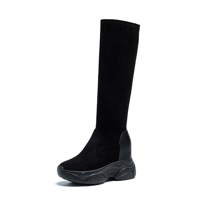 Women's Black Suede Knee-High Boots - 8CM Height Increase, Thick Sole, Plus Velvet, Elastic, 2025 Autumn/Winter Collection