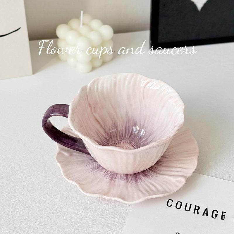 Creative Hand Painted Underglaze Flower Ceramic Coffee Cup and Plate French Retro Petal Afternoon Tea with Cup and Plate Gifts