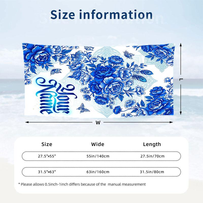 Blue Floral Elegance 1 Theme Quick Dry Beach Towel Custom Name Text Print Large Sand Resistant Towel Beach Vacation
