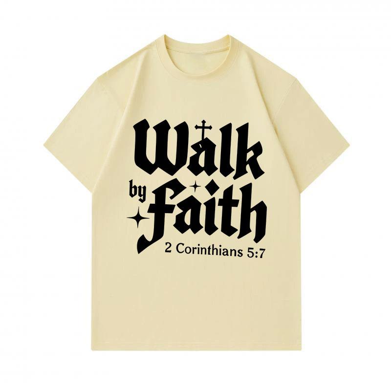Men's 100% Cotton Crew Neck Short Sleeve T-Shirt, Walk by Faith 2 Corinthians 5:7 Christian Religious Print Casual Soft Breathable Daily Top for Men